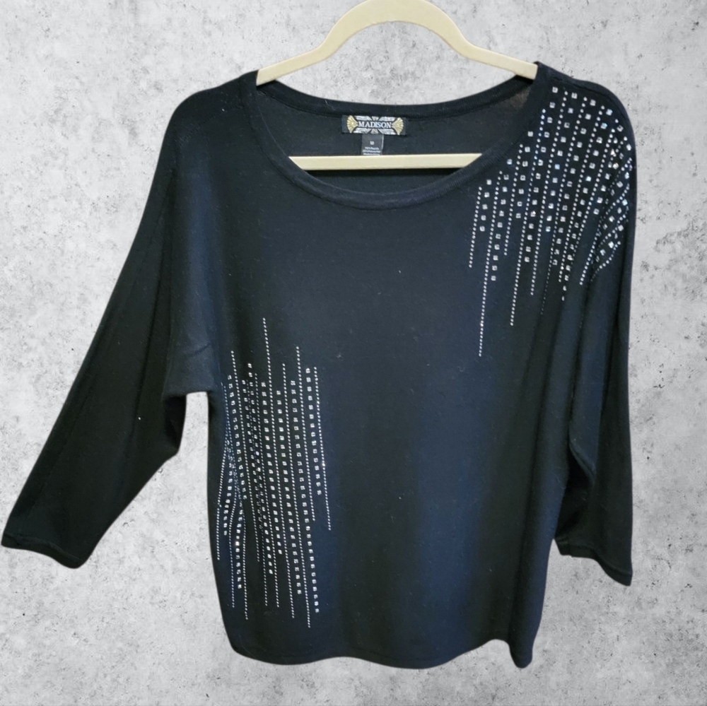 Madison sweater Black With Sequined 3/4 Sleeves Tunic Size M